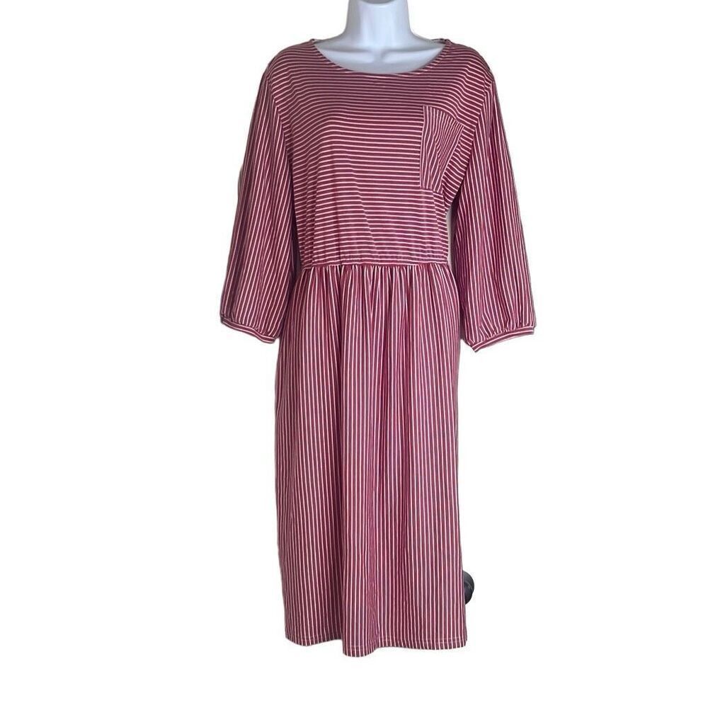 Merokeety Red White Pinstripe Midi Dress Long Sleeves XXL NWT‎ Flowy Casual